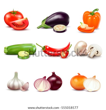 Raw vegetables with sliced isolated realistic  icons with pepper eggplant garlic mushroom courgette tomato onion cucumber vector illustration Royalty-Free Stock Photo #555018577