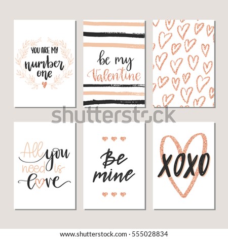 Vector set of hand drawn of Valentine's Day greeting cards. Great print for invitations, posters, tags. Be mine. All you need is love. Festive banners in flat cartoon style, rose gold color