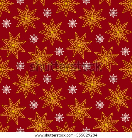 Seamless pattern with ornaments of stars, crocheted lace items, knit blanket, handmade made with love