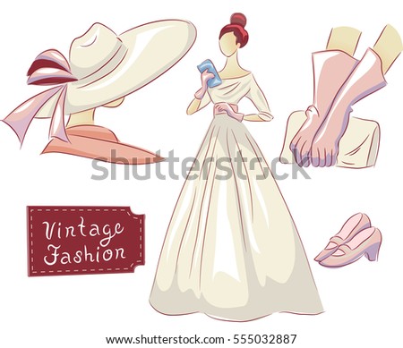 Vintage Themed Illustration Featuring a Dress, a Hat, a Pair of Shoes, and Evening Gloves