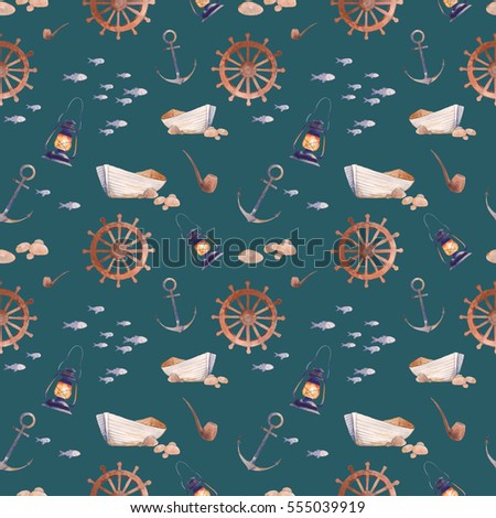 Watercolor nautical seamless pattern. Hand drawn cartoon texture with sea elements: old boat, anchor, fishes, smoking pipe, lantern, wheel. Wallpaper design on emerald green background