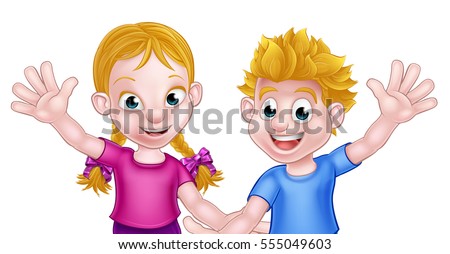 Happy cartoon young boy and girl kids waving, possibly brother and sister