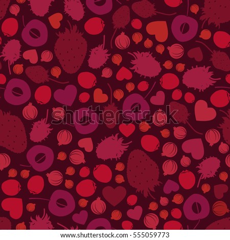 Red berry fruit and hearts - vector background