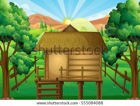 Wood hut in the forest illustration