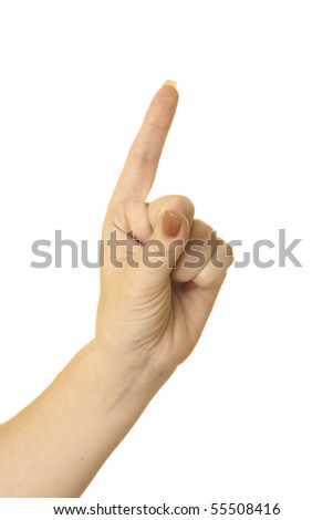 One finger being held in the air by a females hand. Isolated on white.
