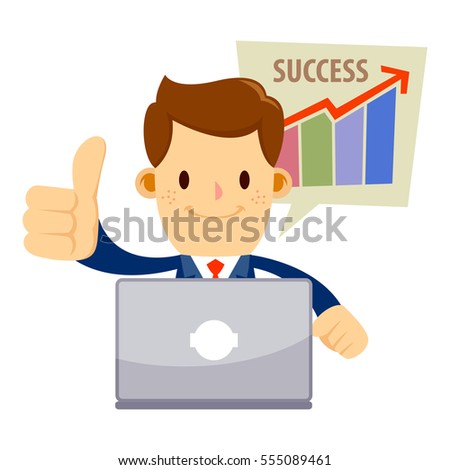Vector stock of a businessman with a successful sales chart doing thumbs up while working behind his laptop Royalty-Free Stock Photo #555089461
