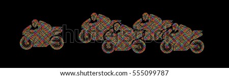 5 Motorcycles racing side view designed using colorful pixels graphic vector.