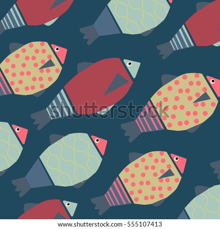 Colorful underwater background. Pattern from decorative fish. Vector