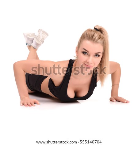 Young woman exercising yoga, isolated on white background