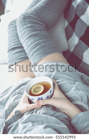 Cozy situation with drinking tea, cozy faded concept
