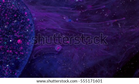 An organic deep bubble in blue, purple, cyan and pink with an edge to another dimension. Purple Smoke and small debris coming out the edge. 