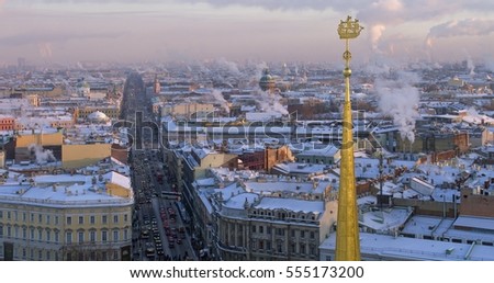 Aerial view of Nevsky Prospect through the spire of Admiralty building. Saint-Petersburg. Russia.