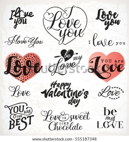 Valentine's Day Typography Design Elements for Greeting Cards in Vintage Style on Grungy Background
