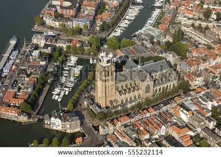 Aerial view of ancient church Grote Kerk or Onze-Lieve-Vrouwekerk in the historic citycenter of Dordrecht in the province Zuid-Holland in The Netherlands.