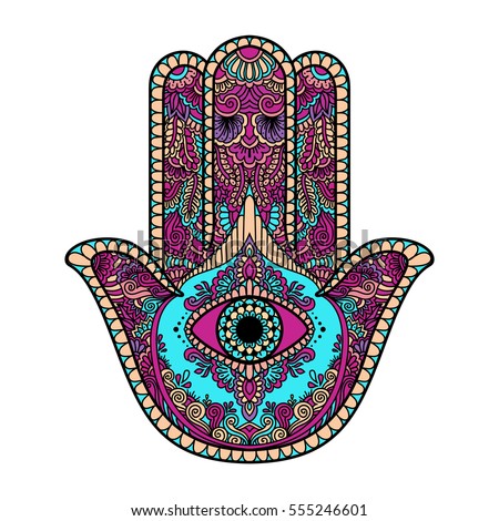 multicolored illustration of a hamsa hand symbol. Hand of Fatima religious sign with all seeing eye. Vintage bohemian style. Vector illustration in doodle zentangle style. Royalty-Free Stock Photo #555246601