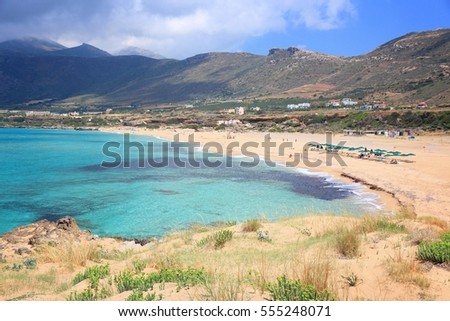 Landscape of Crete island in Greece. Beach of famous Falasarna (also known as Falassarna or Phalasarna). Royalty-Free Stock Photo #555248071