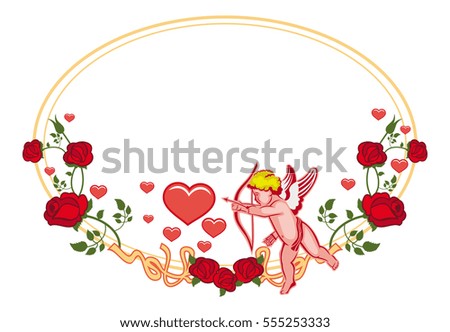 Oval label with Cupid, roses and hearts. Cupid with bow hunting for hearts. Design element for greeting cards and presents. Vector clip art.