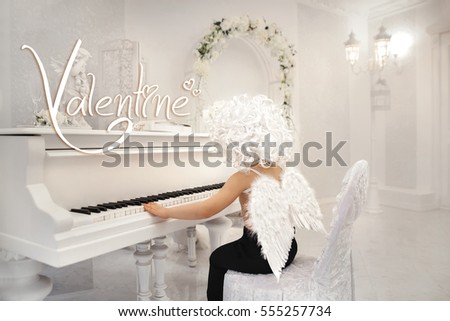 little cute baby boy beautiful angel with wings, Cupid, Valentine's piano