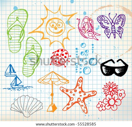 Summer doodle elements - sun, ocean, flower