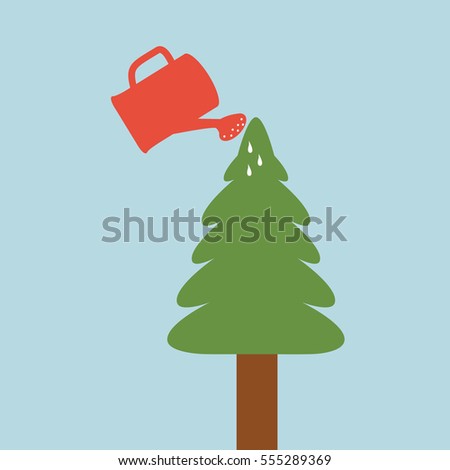a watering can Irrigate a big Fir tree on light blue background