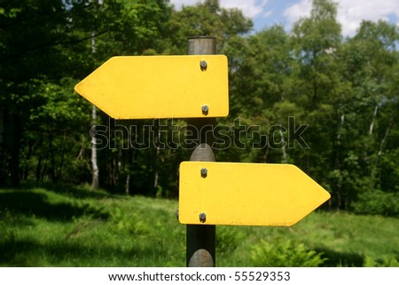 Two yellow arrow signs, one right, one left direction in front of trees