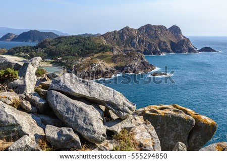 Cies Islands, National Park Maritime-Terrestrial of the Atlantic Islands, Galicia, Spain Royalty-Free Stock Photo #555294850