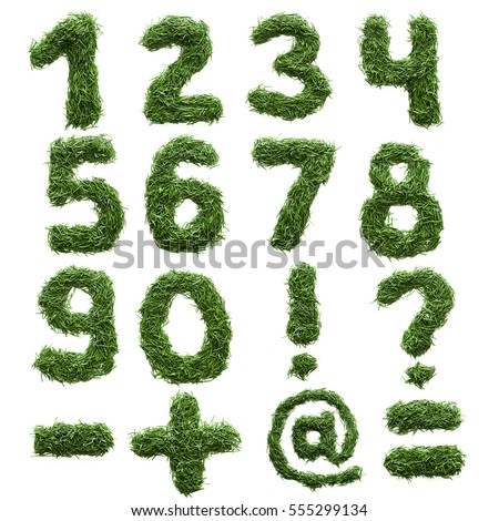 numbers and symbols are made of green grass isolated on white