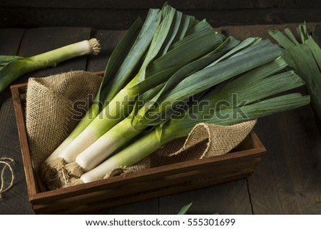Raw Green Organic Leeks Ready to Chop Royalty-Free Stock Photo #555301699