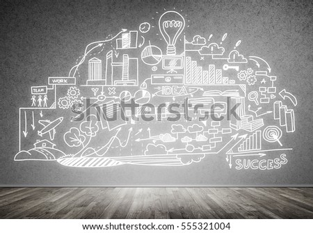Room interior with business sketches on wall