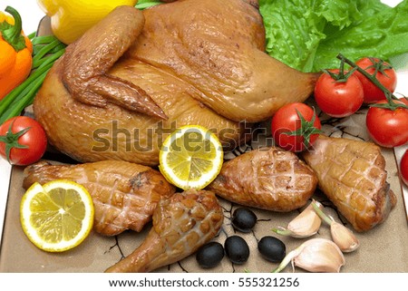 delicious grilled chicken with vegetables and lemon. horizontal photo.