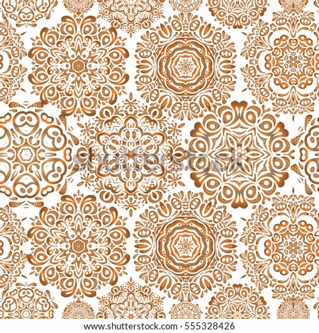 Snowflakes winter New Year frame. Vector seamless pattern in orange, beige and brown colors on white background.