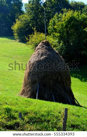 Landscape with haystack. The Apuseni Mountains is a mountain range in Transylvania, Romania, which belongs to the Western Romanian Carpathians. The Apuseni Mountains have about 400 caves.