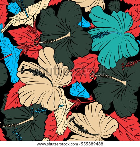 Hand painted illustration in red, blue and beige colors on a black background. Tropical leaves and flowers seamless pattern.