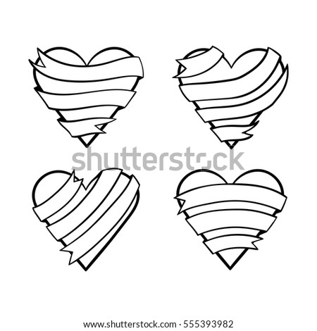 Outline emblems with hearts and ribbons, hand-drawn doodle hearts and ribbon banners, EPS 8