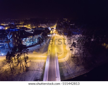 Night time aerial view next to Aquapark in Druskinininkai city, Lithuania. Winter season.