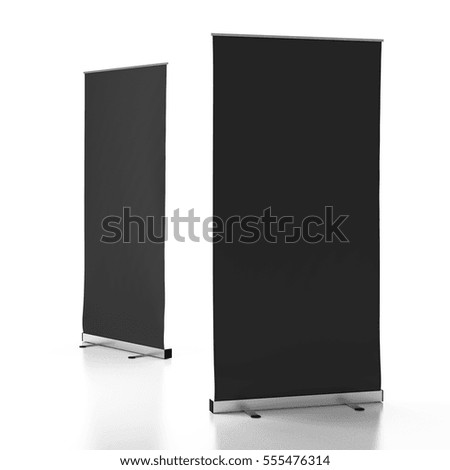 Two blank black roll-up banners stand isolated on white background. Include clipping paths around stand and display banner. 3d render