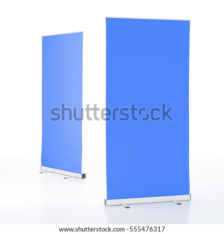 Two blank blue roll-up banners stand isolated on white background. Include clipping paths around stand and display banner. 3d render