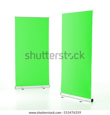 Two blank green roll-up banners stand isolated on white background. Include clipping paths around stand and display banner. 3d render