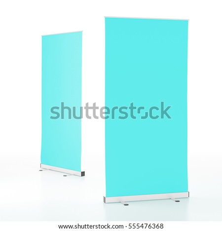 Two blank cyan roll-up banners stand isolated on white background. Include clipping paths around stand and display banner. 3d render