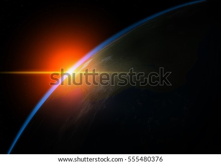 Earth from space with stars and sun flare. Abstract sci-fi background