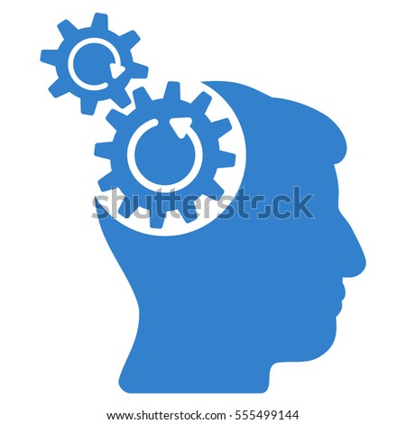 Head Cogs Rotation vector pictograph. Style is flat graphic symbol, cobalt color, white background.