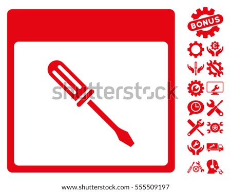 Screwdriver Calendar Page pictograph with bonus service pictograms. Vector illustration style is flat iconic symbols, red, white background.