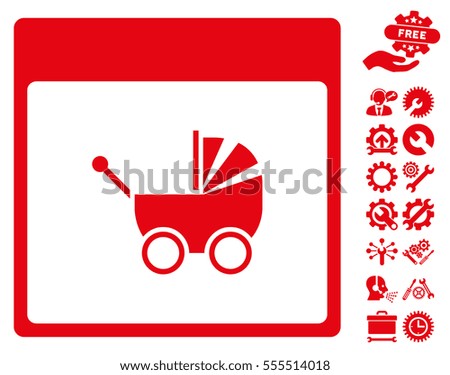 Baby Carriage Calendar Page pictograph with bonus configuration clip art. Vector illustration style is flat iconic symbols, red, white background.