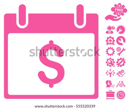 Dollar Calendar Day pictograph with bonus setup tools clip art. Vector illustration style is flat iconic symbols, pink, white background.
