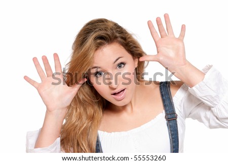Young female cheerful joke expression isolated on white background