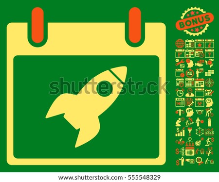 Rocket Calendar Day pictograph with bonus calendar and time management pictures. Vector illustration style is flat iconic symbols, orange and yellow, green background.