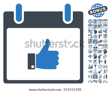 Thumb Up Hand Calendar Day pictograph with bonus calendar and time management clip art. Vector illustration style is flat iconic symbols, smooth blue, white background.