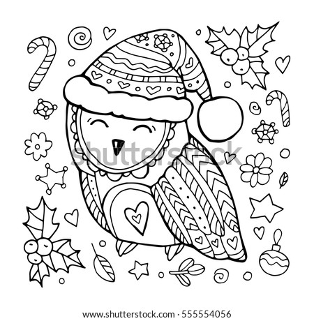 Xmas owl. Merry Christmas. Cute boho, bohemia bird, holly berry, candy cane. Set collection. Vector illustration, line artwork. Black and white. Coloring book page for adult. Hand drawn, gift card