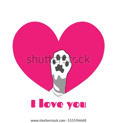 Heart. Cute paw in black heart. Valentine card.