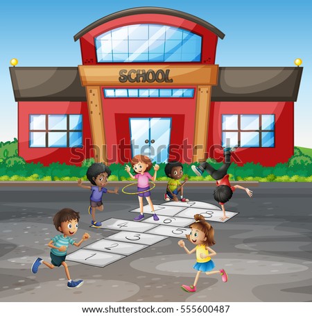 Students playing hopscotch at school illustration